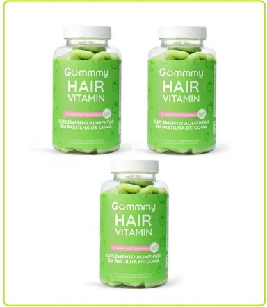 KIT COM 3 GUMMY HAIR VITAMINAS SABOR MAçã VERDE COM 60 GOMAS