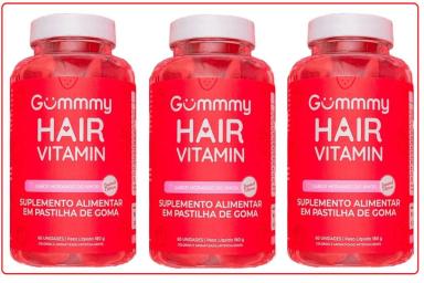 KIT COM 3 GUMMY HAIR VITAMINAS SABOR MORANGO 60 GOMAS