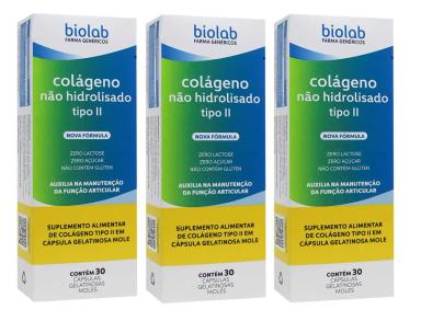 KIT 3 COLáGENO NãO HIDROLISADO TIPO II 30 CáPSULAS - BIOLAB