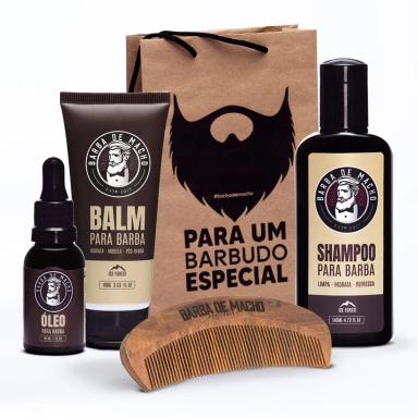 KITS BARBA LIMPA HIDRATA SHAMPOO BALM OLEO BARBA DE MACHO KIT 1 Pente Curvo