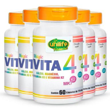 KIT 5 VITA 4 CáLCIO MAGNéSIO VITAMINA D E K2 UNILIFE 60 CáPSULAS