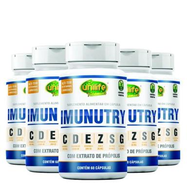 KIT 5 IMUNUTRY ZINCO, SELêNIO, GLUTAMINA, PRóPOLIS E VITAMINAS C, D E E UNILIFE 60 CáPSULAS