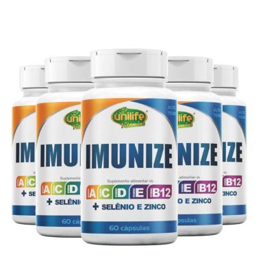 KIT 5 IMUNIZE VITAMINAS A, C, D, E, B12 + SELêNIO E ZINCO UNILIFE 60 CáPSULAS