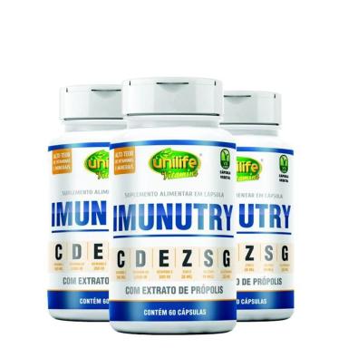 KIT 3 IMUNUTRY ZINCO, SELêNIO, GLUTAMINA, PRóPOLIS E VITAMINAS C, D E E UNILIFE 60 CáPSULAS