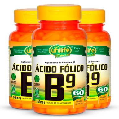 KIT 3 VITAMINA B9 ÁCIDO FóLICO 60 CáPSULAS UNILIFE