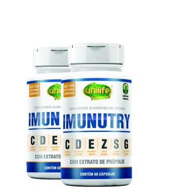 KIT 2 IMUNUTRY ZINCO, SELêNIO, GLUTAMINA, PRóPOLIS E VITAMINAS C, D E E UNILIFE 60 CáPSULAS