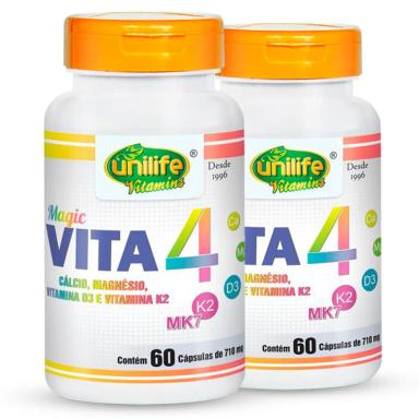 KIT 2 VITA 4 CáLCIO MAGNéSIO VITAMINA D E K2 UNILIFE 60 CáPSULAS