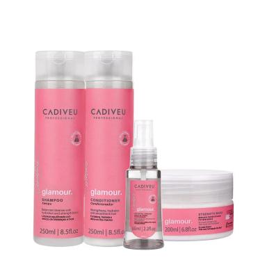 KIT CADIVEU PROFISSIONAL ESSENTIALS GLAMOUR SHAMPOO CONDICIONADOR SéRUM E MáSCARA (4 PRODUTOS)