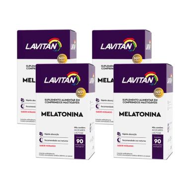 KIT COM 4 SUPLEMENTO ALIMENTAR LAVITAN MELATONINA MORANGO CIMED COM 90 COMPRIMIDOS MASTIGÁVEIS
