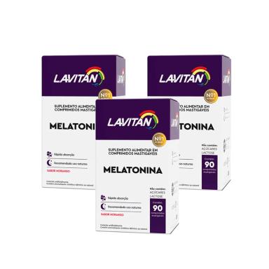 KIT COM 3 SUPLEMENTO ALIMENTAR LAVITAN MELATONINA MORANGO CIMED COM 90 COMPRIMIDOS MASTIGÁVEIS