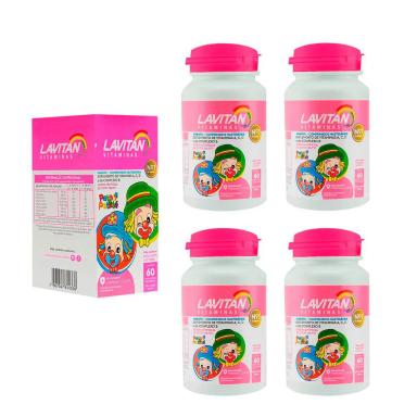 KIT 04 LAVITAN KIDS SUPLEMENTO VITAMíNICO SABOR TUTTI-FRUTTI 60 COMP
