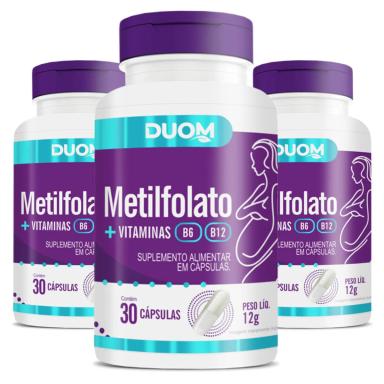 COMBO 3 METILFOLATO COM VITAMINAS B6 E B12 COM 30 CáPSULAS CADA FRASCO - DUOM