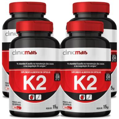 COMBO 4 VITAMINA K2 MENAQUINONA-7 MK-7 65MCG COM 30 CAPS CADA TOTAL 120 CAPS - CLINICMAIS
