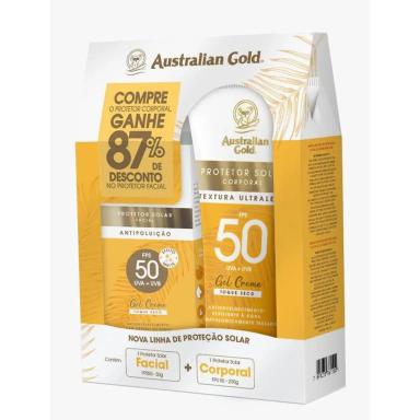 KIT PROTETOR SOLAR AUSTRALIAN GOLD FPS50 CORPORAL 200G+FACIA