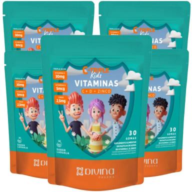 COMBO 5 C-TRIPLE KIDS VITAMINAS C + D + ZINCO 30 GOMAS CADA TOTAL 150 GOMAS LARANJA – DIVINA