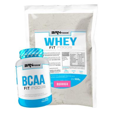 KIT WHEY PROTEIN FIT FOODS 500G + BCAA FIT 100G - BRN FOODS SABOR MORANGO