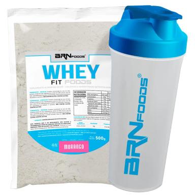 KIT WHEY PROTEIN FIT FOODS 500G + COQUETELEIRA - BRN FOODS SABOR MORANGO