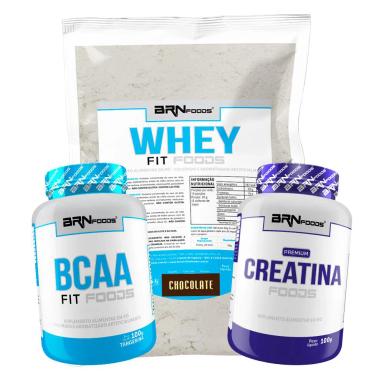 KIT WHEY PROTEIN FIT FOODS 500G + BCAA FIT 100G + PREMIUM CREATINA 100G - BRN FOODS SABOR CHOCOLATE