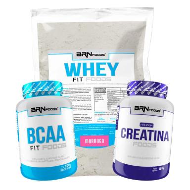 KIT WHEY PROTEIN FIT FOODS 500G + BCAA FIT 100G + PREMIUM CREATINA 100G - BRN FOODS SABOR MORANGO