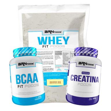 KIT WHEY PROTEIN FIT FOODS 500G + BCAA FIT 100G + PREMIUM CREATINA 100G - BRN FOODS SABOR BAUNILHA