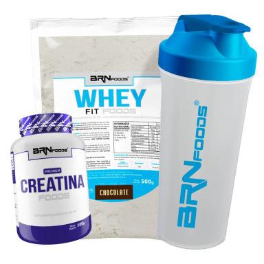 KIT WHEY PROTEIN FIT FOODS 500G + PREMIUM CREATINA 100G + COQUETELEIRA - BRN FOODS SABOR CHOCOLATE