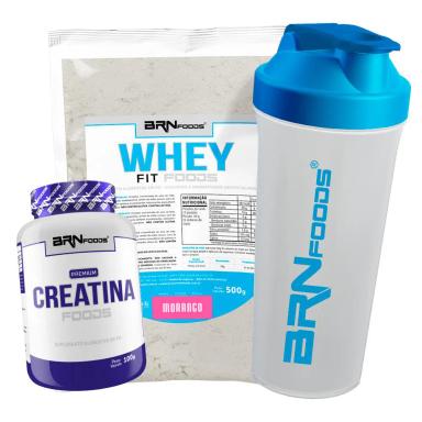 KIT WHEY PROTEIN FIT FOODS 500G + PREMIUM CREATINA 100G + COQUETELEIRA - BRN FOODS SABOR MORANGO