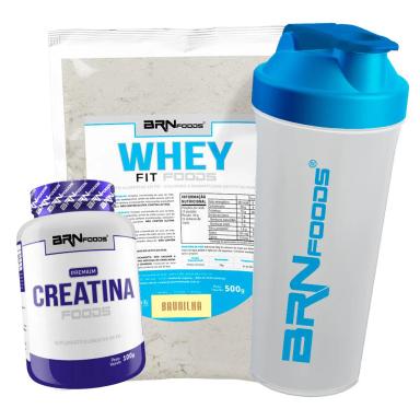 KIT WHEY PROTEIN FIT FOODS 500G + PREMIUM CREATINA 100G + COQUETELEIRA - BRN FOODS SABOR BAUNILHA