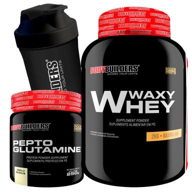 WAXY WHEY (35%) 2KG + PEPTO GLUTAMINE 250G + COQUETELEIRA 600ML - BODYBUILDERS Morango