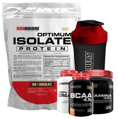 KIT OPTIMUM ISOLATE WHEY PROTEIN 2KG + BCAA 100G + CREATINA 100G + GLUTAMINA 300G + COQUETELEIRA SABOR CHOCOLATE - BODYBUILDERS