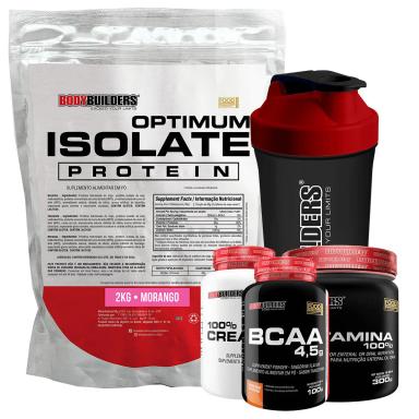 KIT OPTIMUM ISOLATE WHEY PROTEIN 2KG + BCAA 100G + CREATINA 100G + GLUTAMINA 300G + COQUETELEIRA SABOR MORANGO - BODYBUILDERS