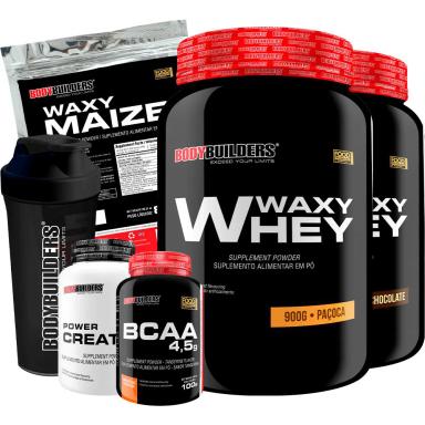 KIT 2X WHEY PROTEIN WAXY WHEY 900G + BCAA 4.5 100G + POWER CREATINA 100G + WAXY MAIZE 800G + COQUE. Chocolate E Paçoca