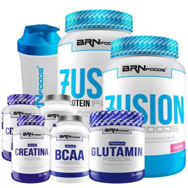 KIT 2X WHEY FUSION 900G + 2X CREATINA 100G + 2X BCAA 120 CáPS + GLUTAMINA 250G + COQUETELEIRA 600ML SABOR MORANGO - BRN FOODS