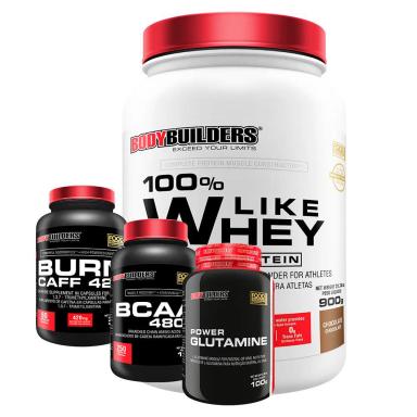 KIT 100% LIKE WHEY PROTEIN 900G SABOR CHOCOLATE + CAFEíNA + BCAA 250 CAPS + GLUTAMINA - BODYBUILDERS