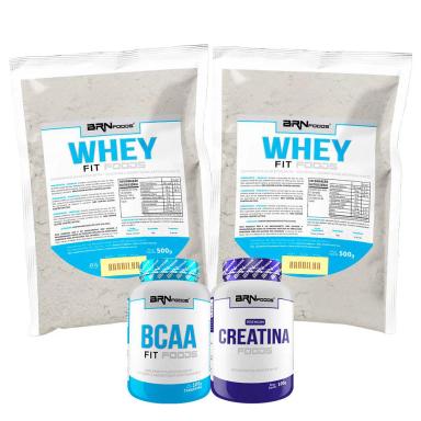 KIT 2X WHEY PROTEIN FOODS 500G + BCAA FIT 100G TANGERINA + PREMIUM CREATINA 100G SABOR BAUNILHA - BRN FOODS