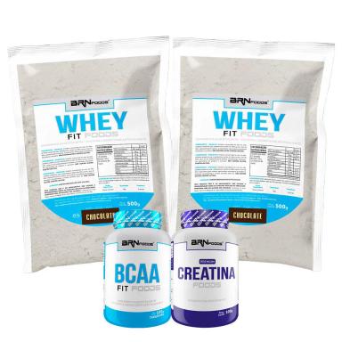 KIT 2X WHEY PROTEIN FOODS 500G + BCAA FIT 100G TANGERINA + PREMIUM CREATINA 100G SABOR CHOCOLATE - BRN FOODS