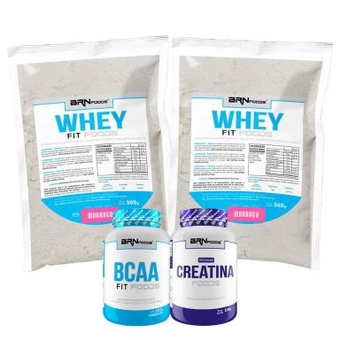 KIT 2X WHEY PROTEIN FOODS 500G + BCAA FIT 100G TANGERINA + PREMIUM CREATINA 100G SABOR MORANGO- BRN FOODS