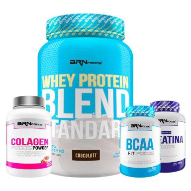 KIT WHEY BLEND 900G + CREATINA FOODS 100G + BCAA FIT 100G + COLAGEN FOODS 200G SABOR CHOCOLATE - BRN FOODS