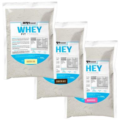 KIT 3X WHEY FIT FOODS 500G - BRN FOODS SABOR BAUNILHA, CHOCOLATE E MORANGO