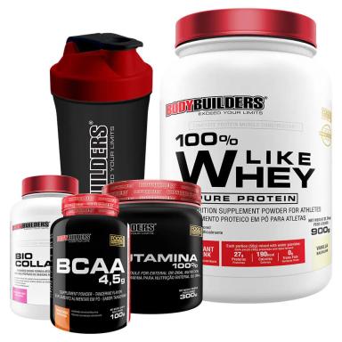 KIT LIKE WHEY 900G SABOR BAUNILHA  + BCAA 100G + COLAGENO 200G + GLUTAMINA 300G + COQUETELEIRA - BODYBUILDERS
