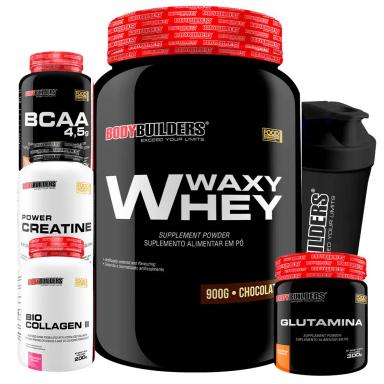 KIT WAXY WHEY 900G + BCAA100G + POWER CREATINA 100G + BIO COLAGEN 200G + GLUTAMINA 300G + COQUETELEIRA Baunilha