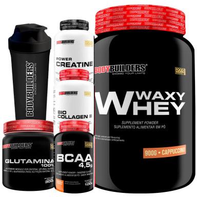 KIT WAXY WHEY 900G + BCAA100G + POWER CREATINA 100G + BIO COLAGEN 200G + GLUTAMINA 300G + COQUETELEIRA Cappuccino