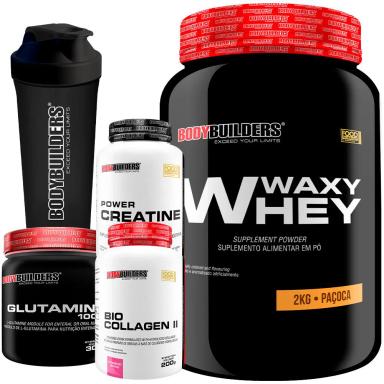 KIT WAXY WHEY 900G + BCAA100G + POWER CREATINA 100G + BIO COLAGEN 200G + GLUTAMINA 300G + COQUETELEIRA Paçoca