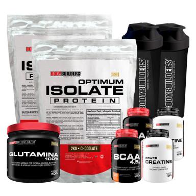 KIT 2X OPTIMUM ISOLATE PROTEIN 2KG + 2X BCAA100G+ 2X CREATINA100G + GLUTAMINA 500G + 2X COQUETELEIRA SABOR CHOCOLATE - BODYBUILDERS
