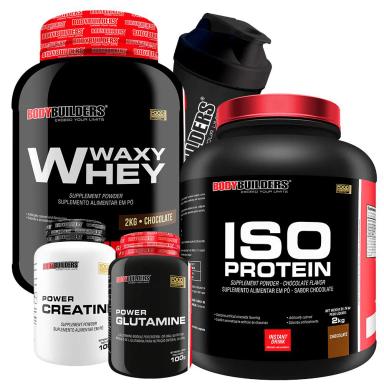 KIT WAXY WHEY 2KG + ISO PROTEIN 2KG+ POWER CREATINA 100G + POWER GLUTAMINA 100G + COQUETELEIRA SABOR: CHOCOLATE - BODYBUILDERS