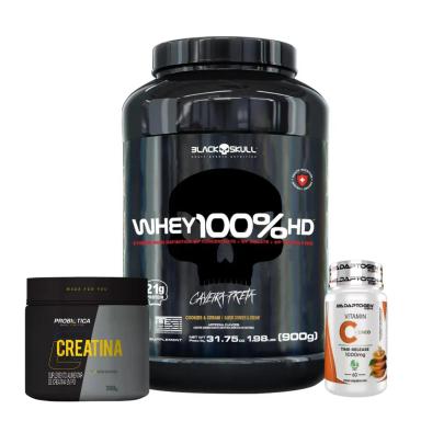 WHEY 100% HD BLACK SKULL MORANGO - 900G (WPC, WPI E WPH) + CREATINA 300G MONOHIDRATADA 100% PURA PROBIóTICA + VITAMINA C