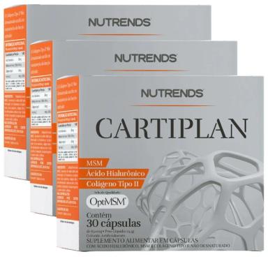 KIT 3X CARTIPLAN (ÁCIDO HIALURôNICO, MSM E COLáGENO TIPO 2) 30 CáPSULAS - NUTRENDS