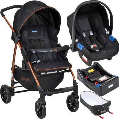 CARRINHO DE BEBê E BEBê CONFORTO ECCO PRETO E COBRE + BASE + NINHO - BURIGOTTO