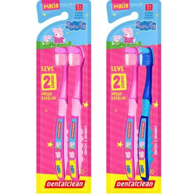 KIT 2 ESCOVA DENTAL PEPPA PIG MACIA - 3 ANOS+ - DENTALCLEAN ROSA