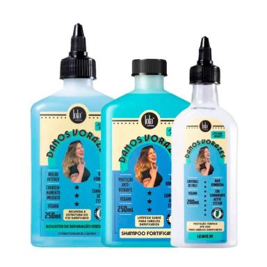 KIT REPARAçãO SHAMPOO, CONDICIONADOR E LEAVE-IN DANOS VORAZES LOLA COSMETICOS 250G