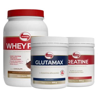 KIT WHEY FORT CHOCOLATE 900G + CREATINE 300G + GLUTAMAX 300G VITAFOR